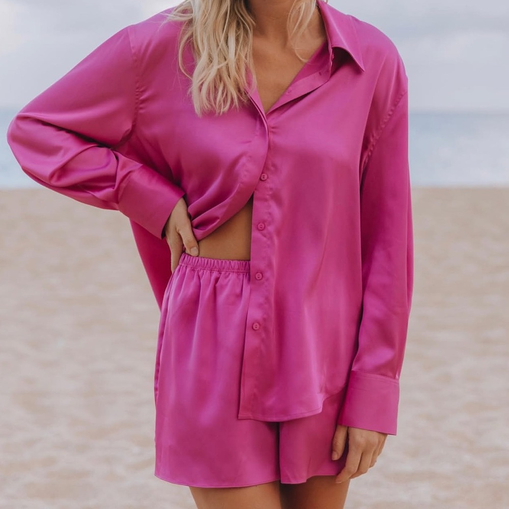 Daily Drills Pink Silky Button Down